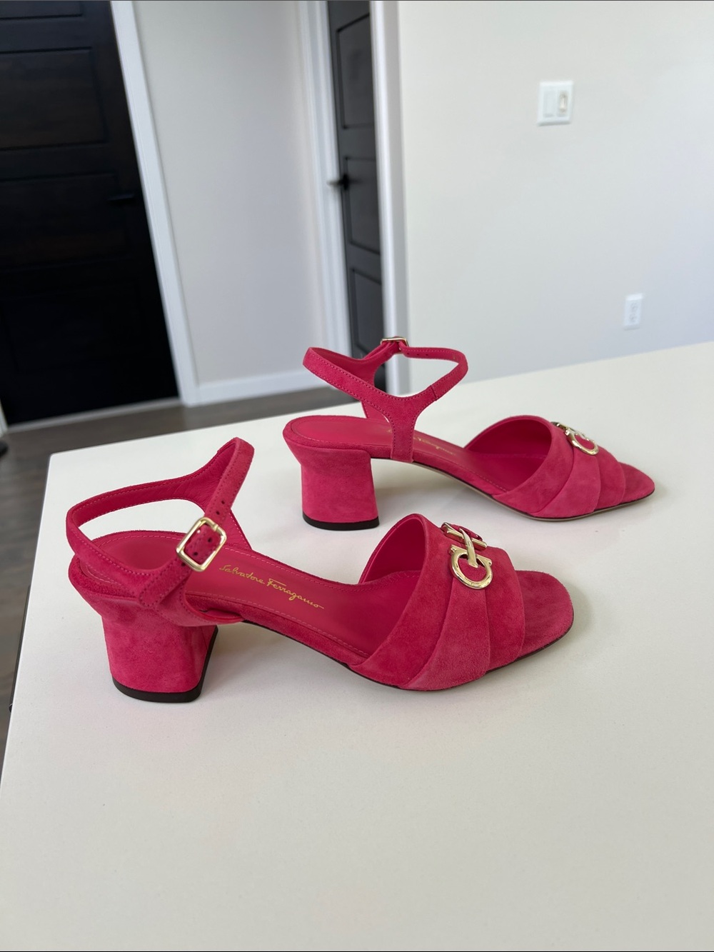 Salvatore Ferragamo ondina 55 fandango pink suede leather open toe heels sandals - Picture 10 of 12